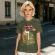 Olive green pizza graphic t-shirt with playful pizza slice characters