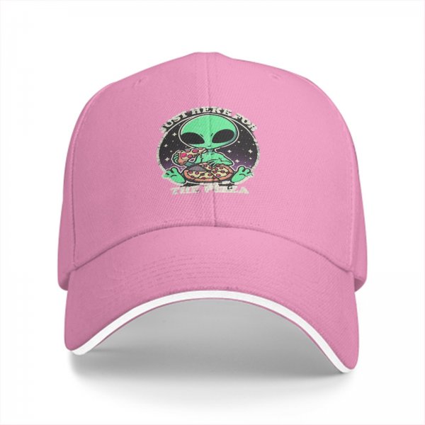 Black baseball cap with alien eating pizza 'Just Here For The Pizza' print