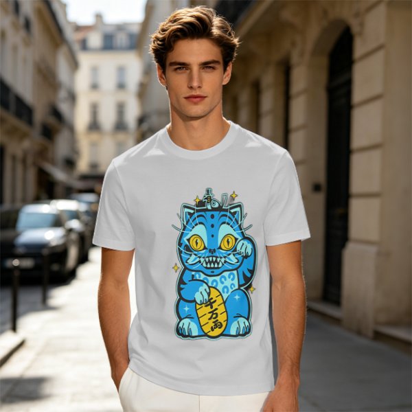 Olive T-Shirt With Blue Maneki-Neko Monster Graphic Print