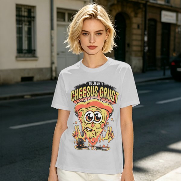 Olive t-shirt with 'I Believe In Cheesus Crust' pizza graphic