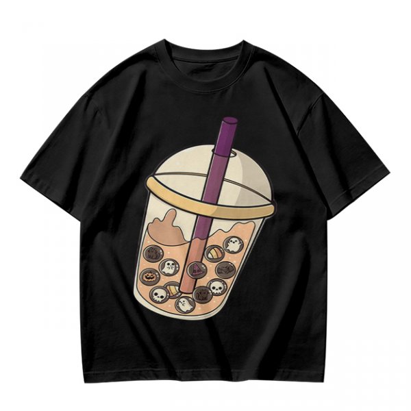 Olive T-Shirt With Halloween Themed Boba Tea Graphic