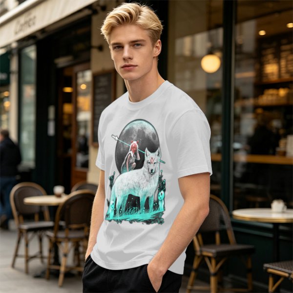 Olive T-Shirt With Wolf Warrior And Moon Forest Art Print