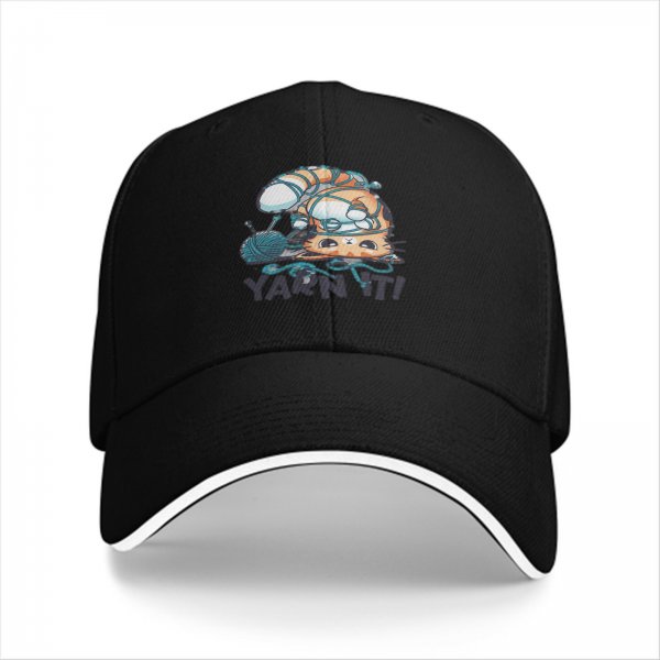 Black baseball cap with tangled orange cat and yarn it graphic