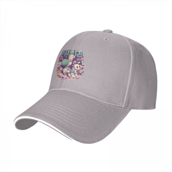 Black baseball cap with cute dinosaur chef and anime character graphic