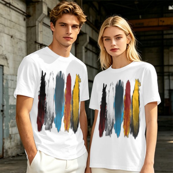 Olive Green T-Shirt With Vertical Colorful Brushstroke Figure Art
