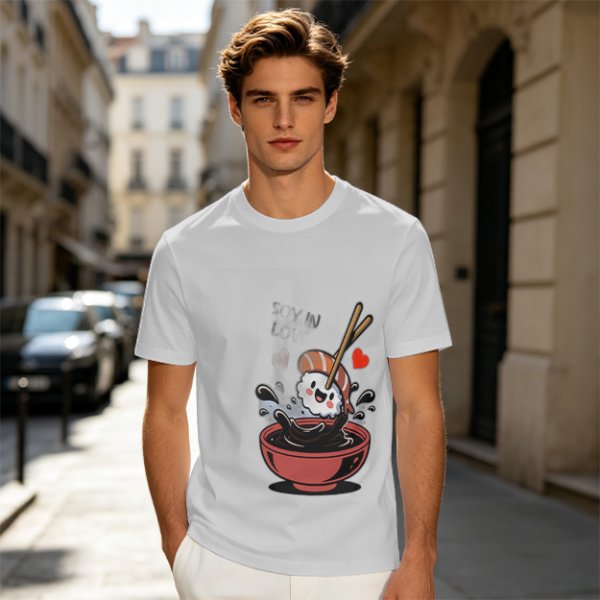 Olive T-shirt with Cute Sushi Dipping in Soy Sauce Graphic