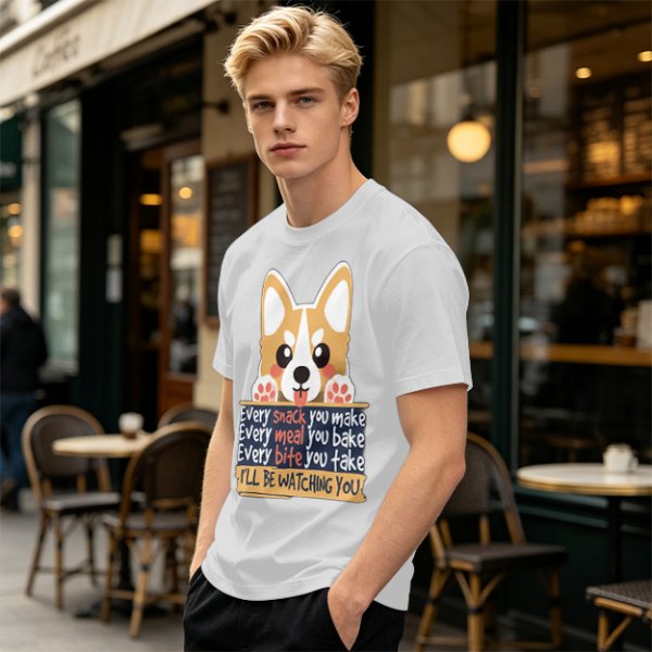 Olive t-shirt with corgi graphic and 'I'll Be Watching You' snack quote
