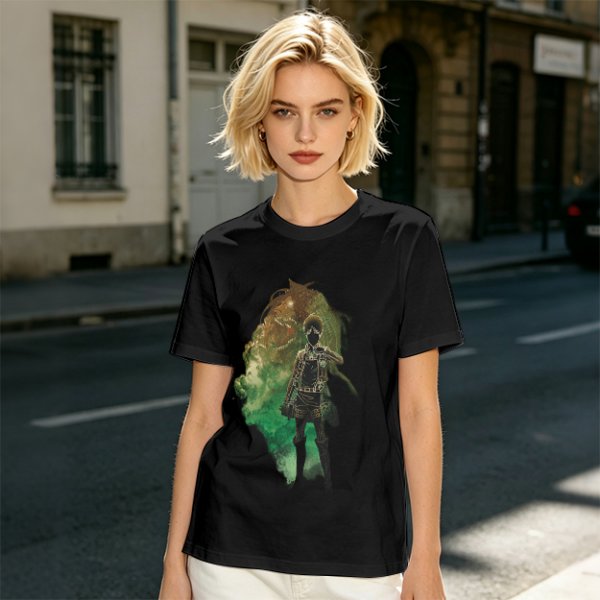 Olive Anime Graphic T-Shirt With Warrior And Giant Artwork