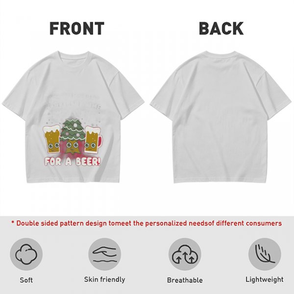 Olive green Christmas beer graphic t-shirt with 'FOR A BEER!' text