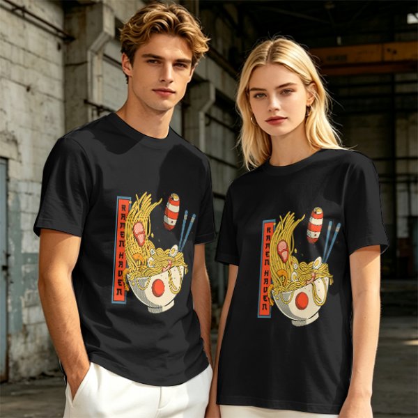Olive T-Shirt With Ramen Bowl Graphic and Vertical Text Print