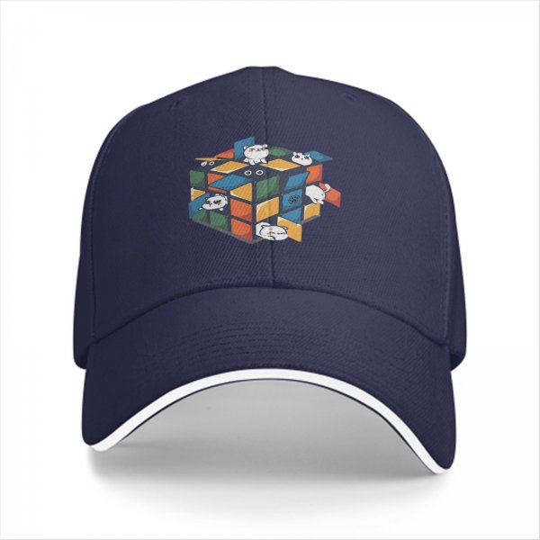 Black baseball cap with playful cats in a Rubik's cube graphic