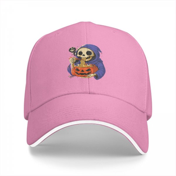 Black baseball cap with grim reaper eating pumpkin ramen graphic