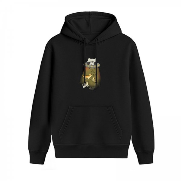 Black Hoodie With Cute Alien Abduction Cats Graphic Print