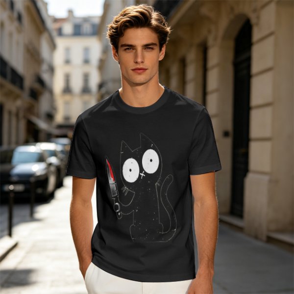 Olive T-shirt with a black cartoon cat holding a bloodied knife