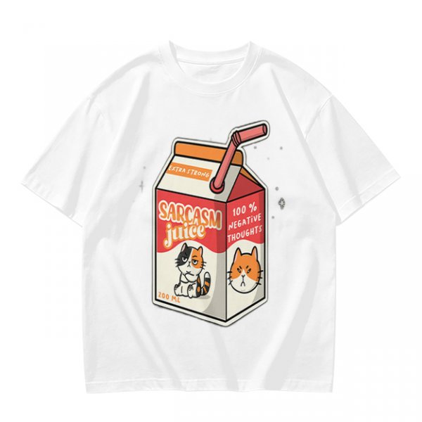 Olive green t-shirt with sarcasm juice carton and grumpy cat print