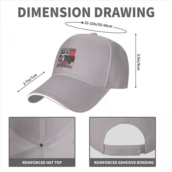 Black baseball cap with a tired raccoon office worker graphic