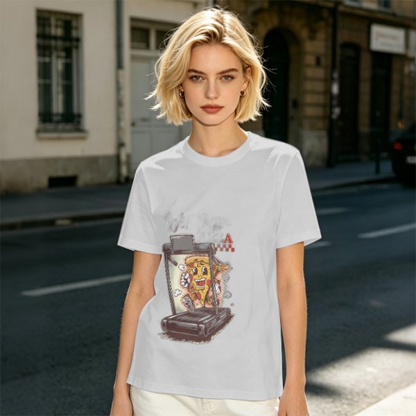 Olive T-shirt with cartoon pizza running on treadmill graphic