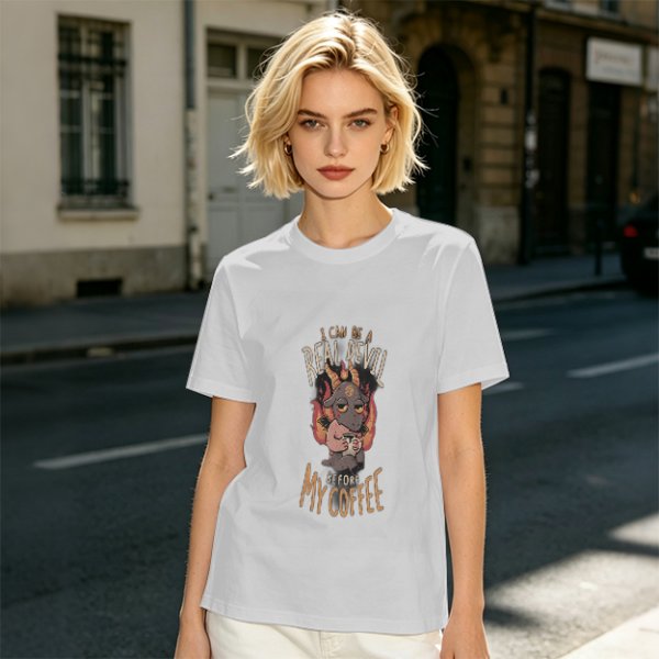 Olive graphic t-shirt with 'I can be a real devil before my coffee' print