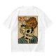 Olive t-shirt with a skull ramen bowl and a napping tabby cat print