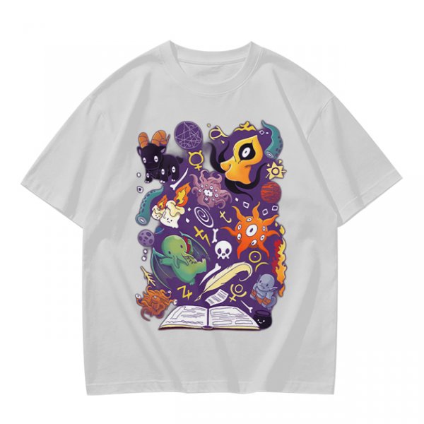 Olive T-Shirt With Cute Occult Monster And Spell Book Print