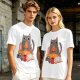 Olive T-Shirt With Cozy Cat Eating Pizza And Gaming Print