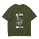 Oversized Army Green T-Shirt With 'Death By Coffee' Skeleton Print