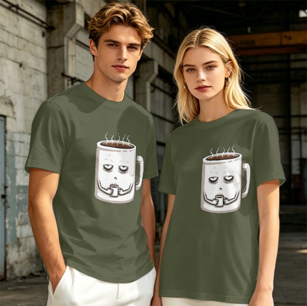 Oversized Army Green T-Shirt With Tired Coffee Mug Graphic