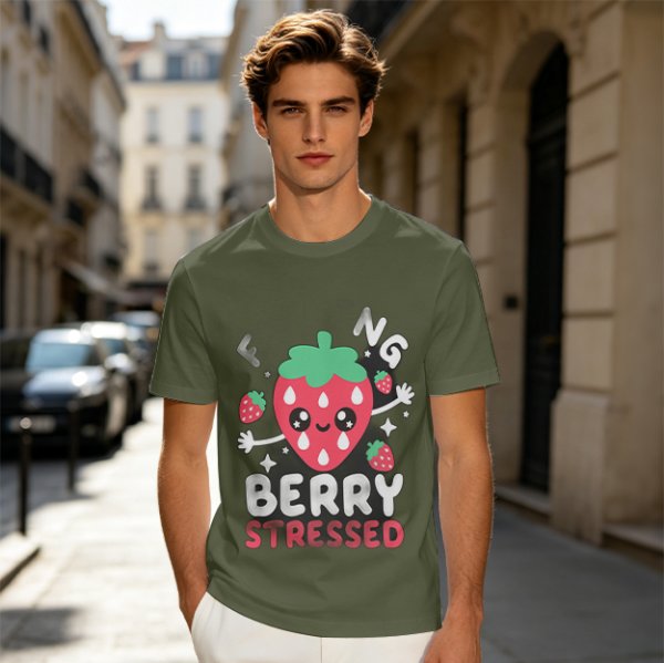 Olive graphic t-shirt with crying strawberry and 'berry stressed' text