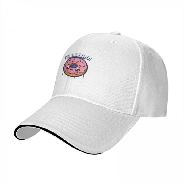Black baseball cap with sad donut graphic and 'I'M A WEIRD' text