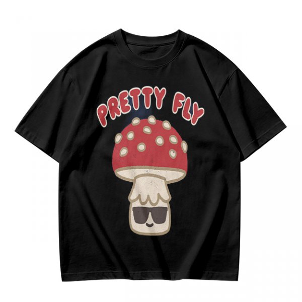 Olive green graphic t-shirt with 'Pretty Fly' and cool mushroom print
