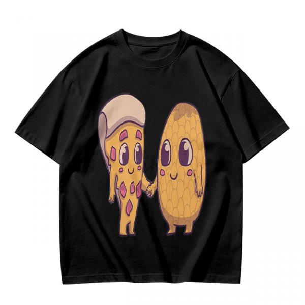 Olive Green T-Shirt With Cute Pizza And Corn Holding Hands Art