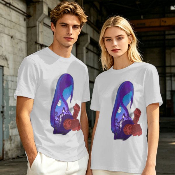 Olive T-Shirt With Purple Haired Figure Night Scene Print