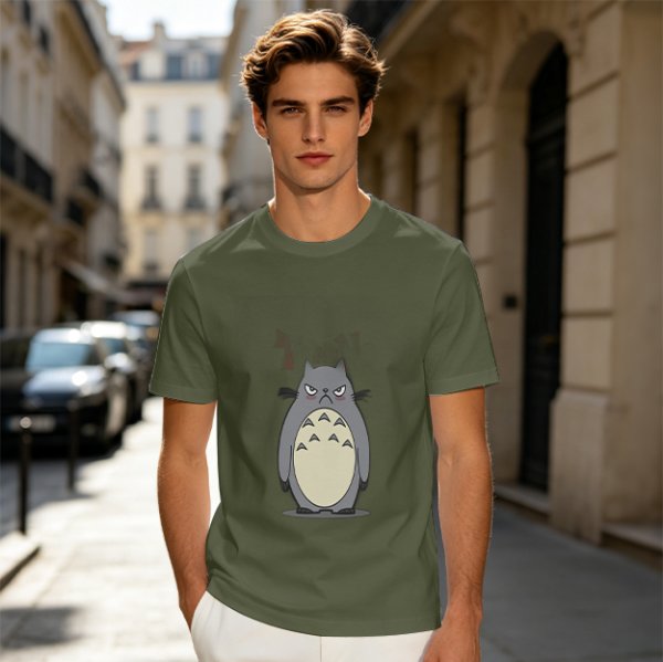 Olive T-shirt with Angry Totoro Graphic Print
