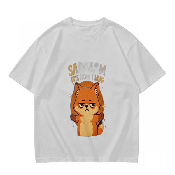 Olive green t-shirt with grumpy fox offering a hug graphic