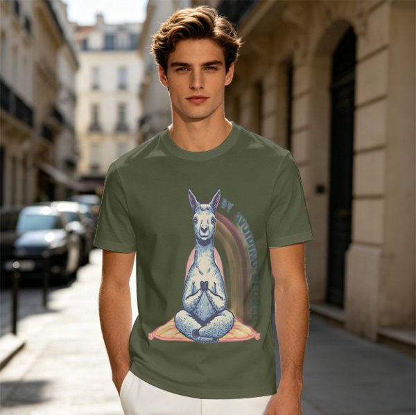 Olive T-Shirt With Meditating Llama Rainbow Graphic
