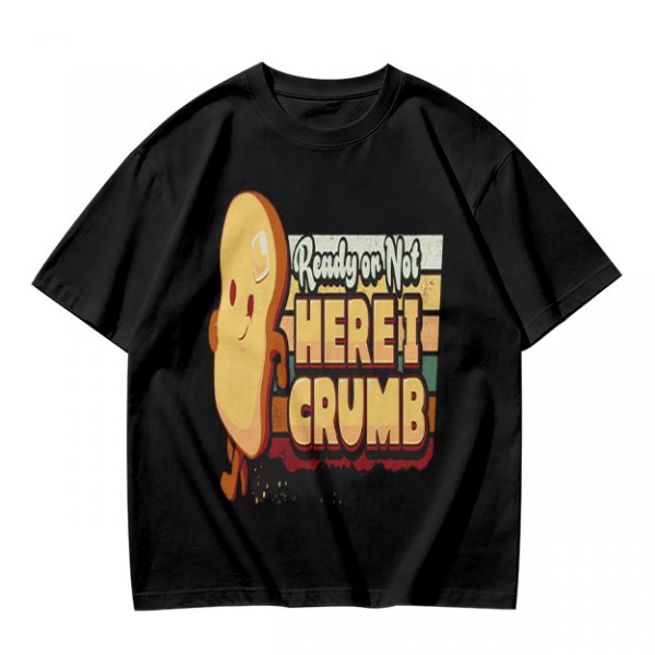 Olive graphic tee with playful bread character and 'Ready or Not Here I Crumb' text