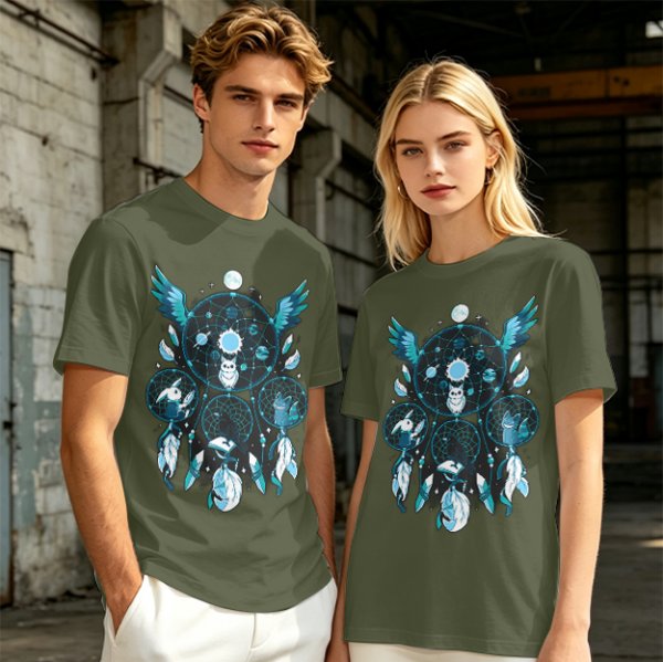 Olive T-Shirt With Celestial Dreamcatcher And Animal Artwork