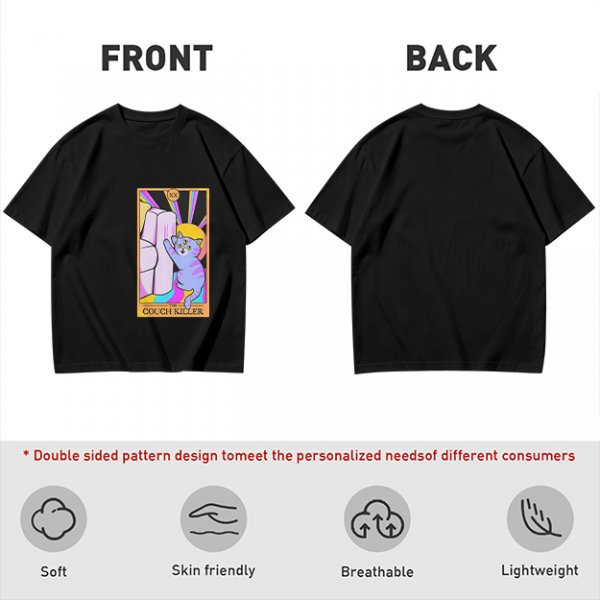 Olive green t-shirt with three-eyed cat couch killer tarot-style graphic