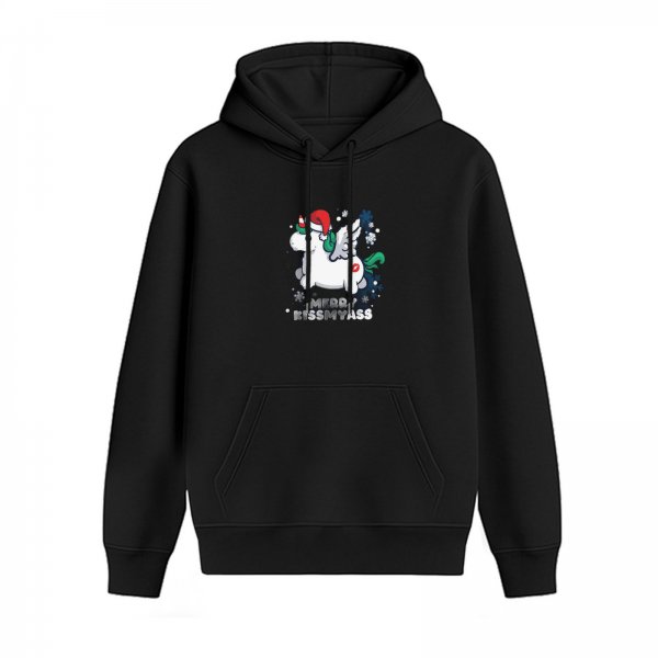 Black hoodie with Christmas unicorn and funny holiday text