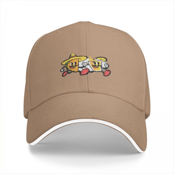 Black baseball cap with retro taco and beer cartoon graphic