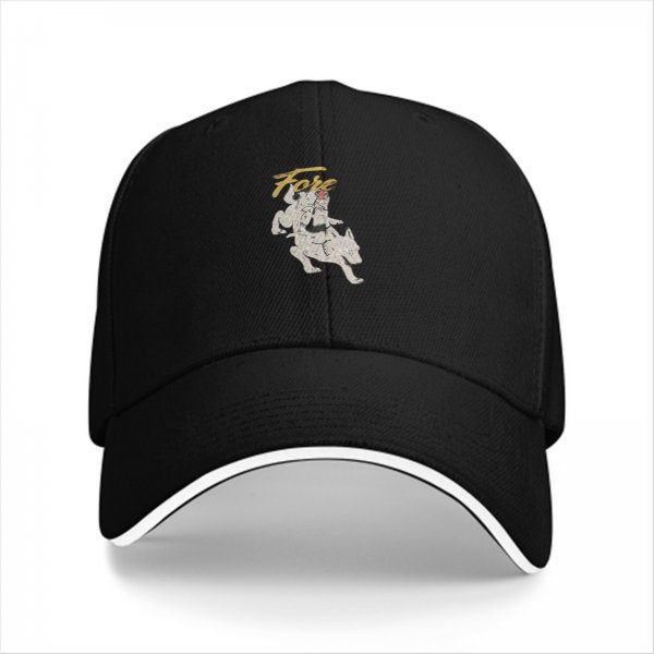 Black baseball cap with stylized wolf graphic and gold text