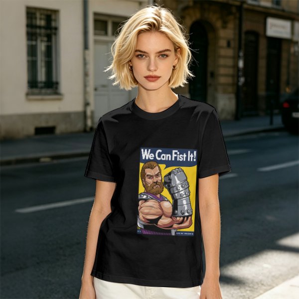 Olive graphic t-shirt with We Can Fist It! armored warrior print