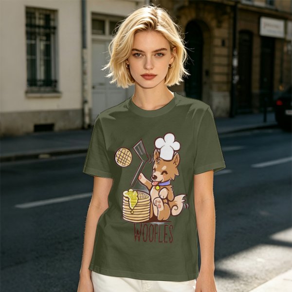 Olive T-Shirt With Cute Dog Chef Cooking Waffles Graphic