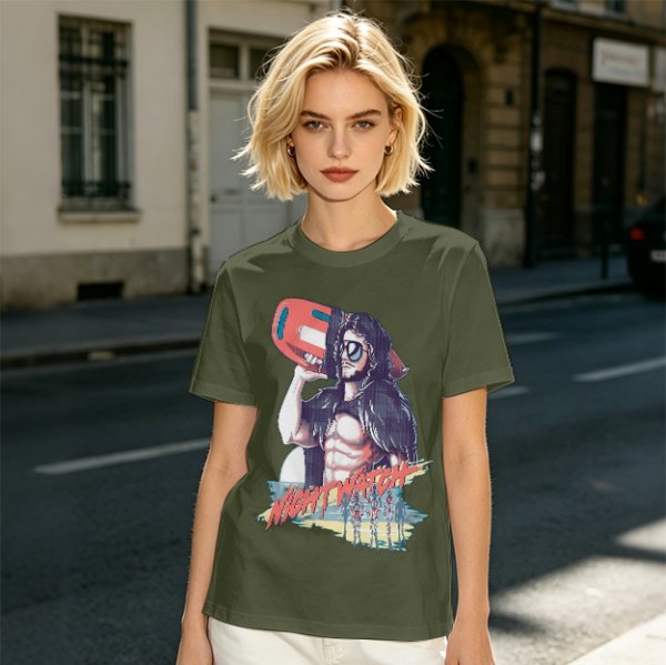 Olive Graphic T-Shirt with Muscular Figure Holding Red Device and Night Watch Text