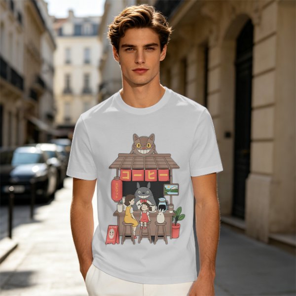 Studio Ghibli inspired coffee stand t-shirt with Totoro and friends