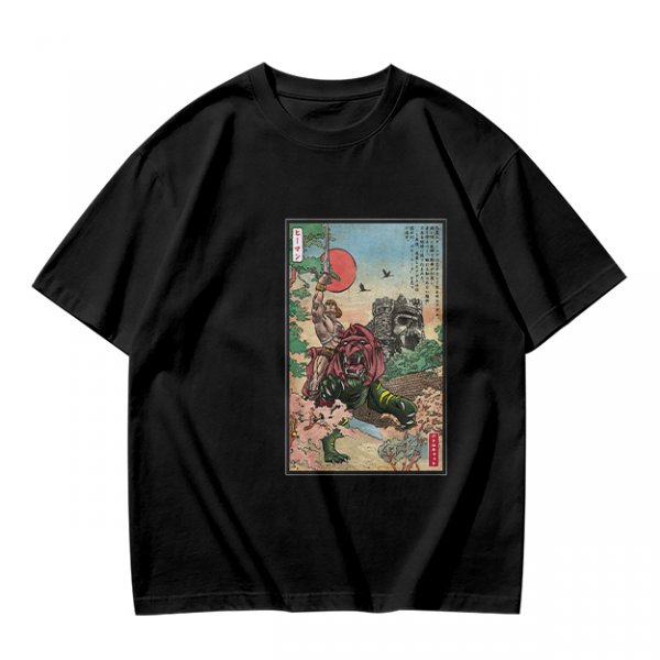 Olive T-shirt with ukiyo-e style fantasy creature graphic print