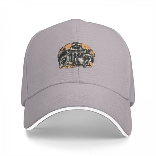 Black baseball cap with raccoons in trash graphic design