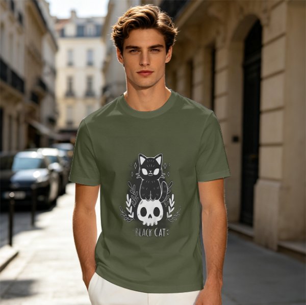 Olive green graphic t-shirt with black cat and skull print