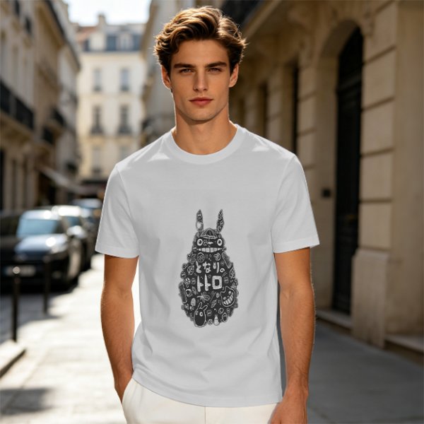 Olive T-shirt with Totoro Doodle Art Print