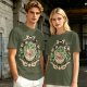 Olive green t-shirt with playful vegetable soup graphic print